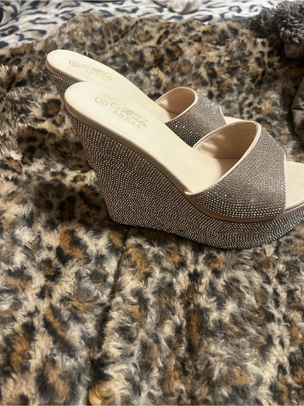 Beige Crystal-Embellished Platform Wedge Sandals